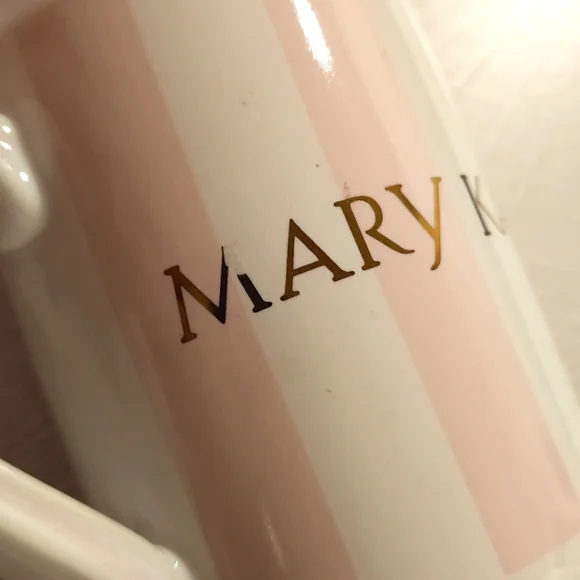 MARY KAY pink and white striped mug, gold logo ceramic mug promotional EUC - Picture 6 of 7